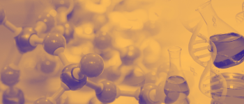 A gold and purple graphic of molecule structures and DNA strands