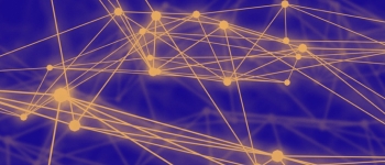 A graphic drawing of a framework of a "landscape" that is made up of a series of tesselated facets. The lines of the framework are gold against a dark purple background.