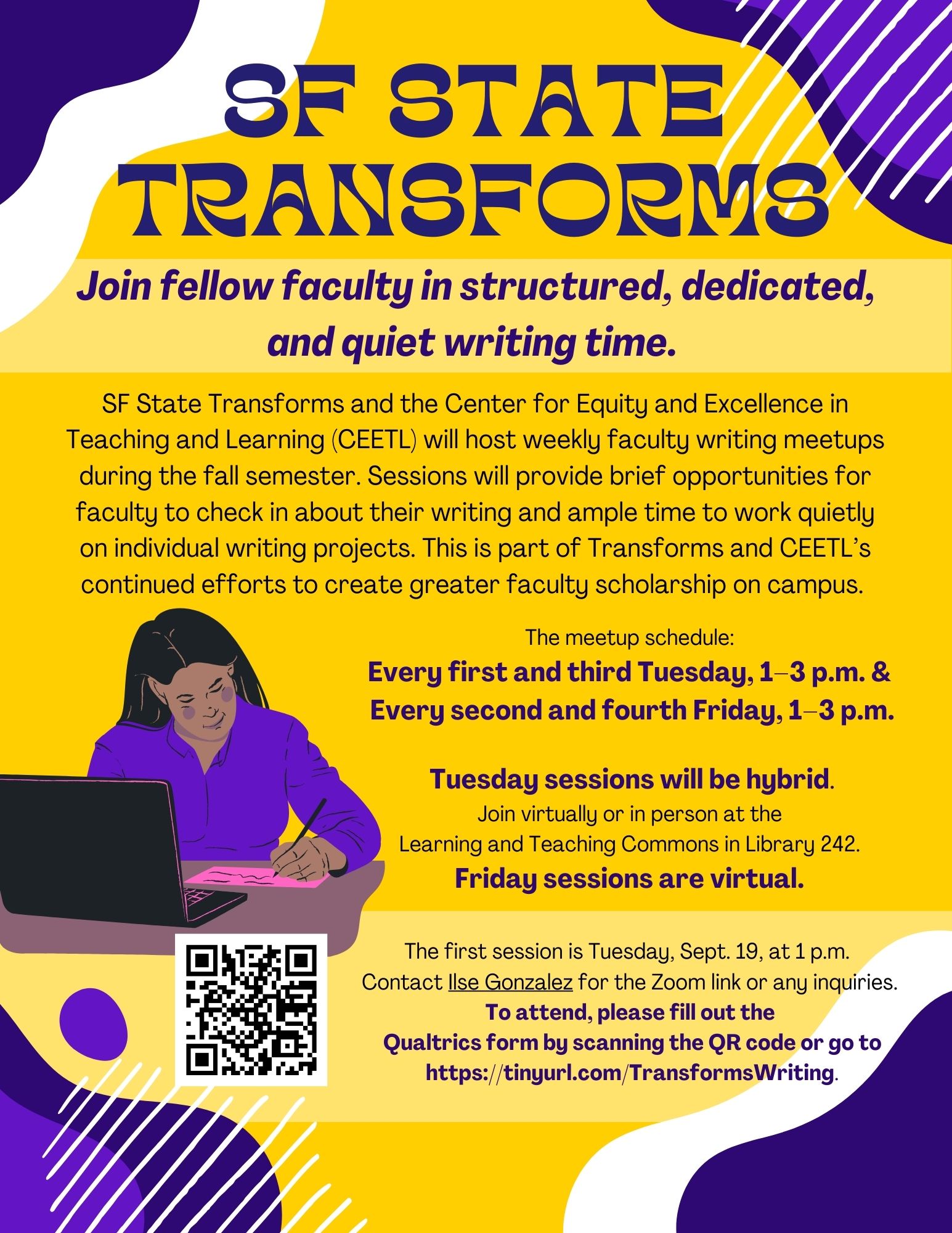 A purple and gold digital flyer advertising fall writing meet-ups. A graphic of a woman writing with a laptop in front of her is on the left of the page.