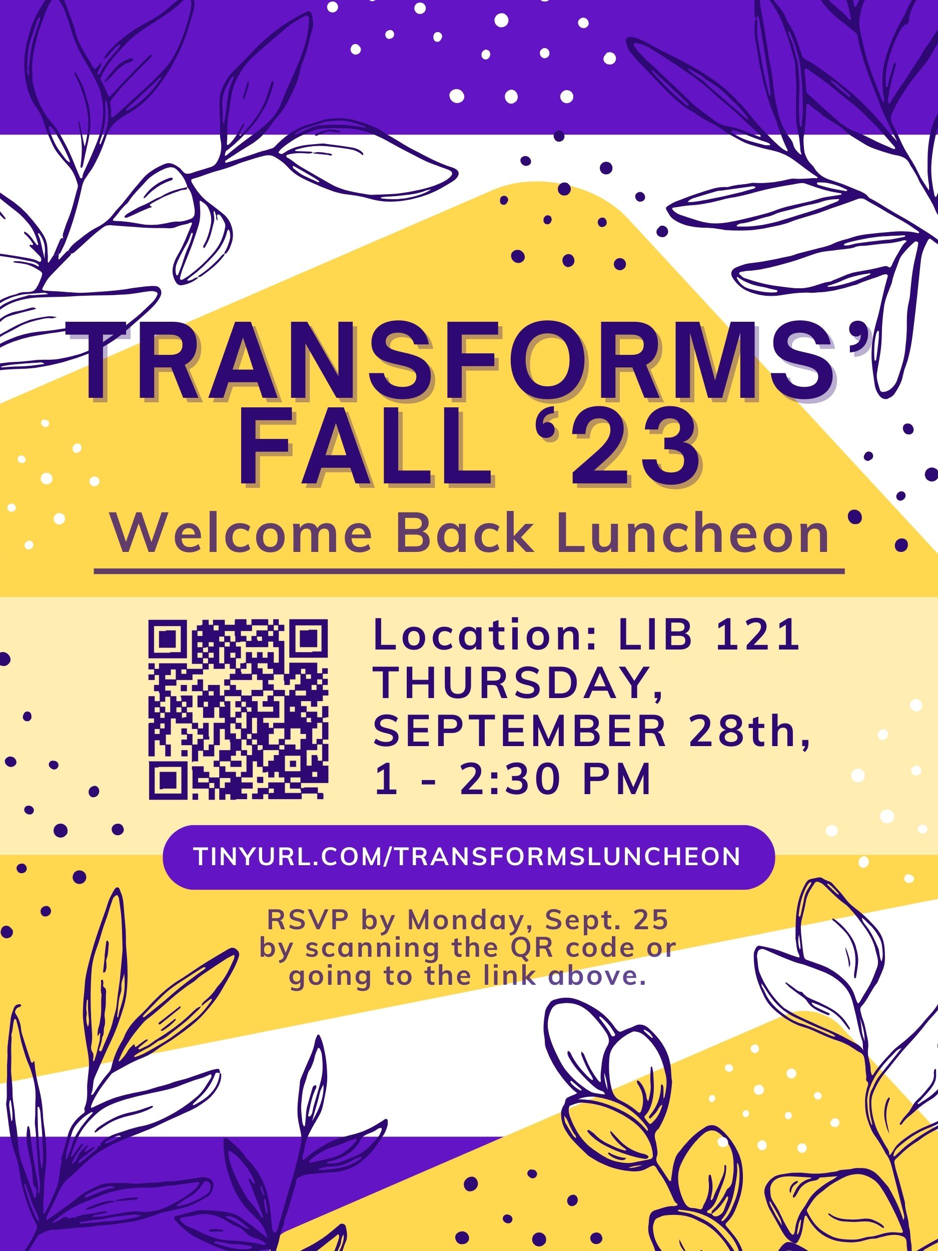A digital flyer with gold shapes and purple outlines of foliage around the edges.