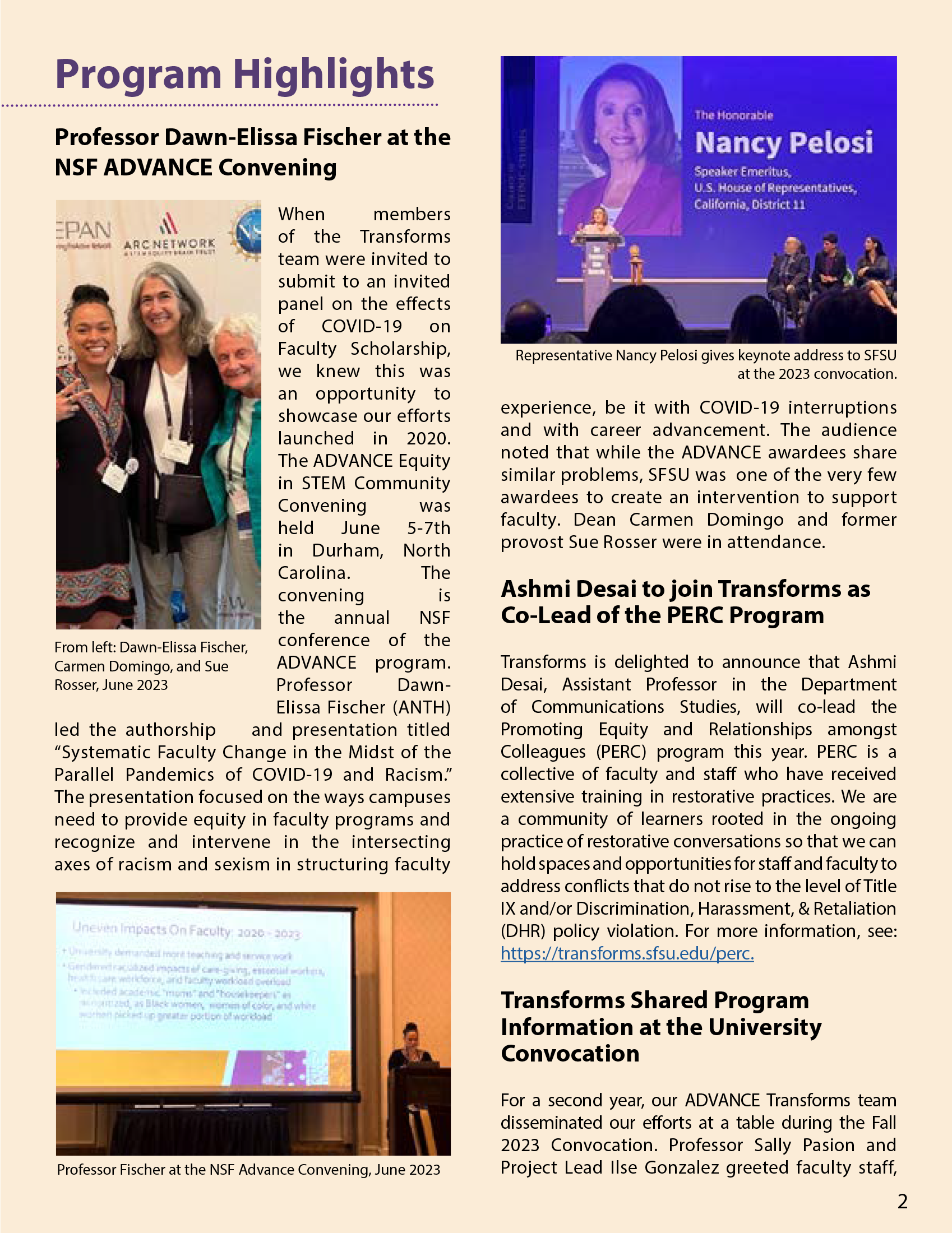 Page two of the fall 2023 newsletter. An image of Dawn-Elissa Fischer  and an image of Nanci Pelosi speaking.