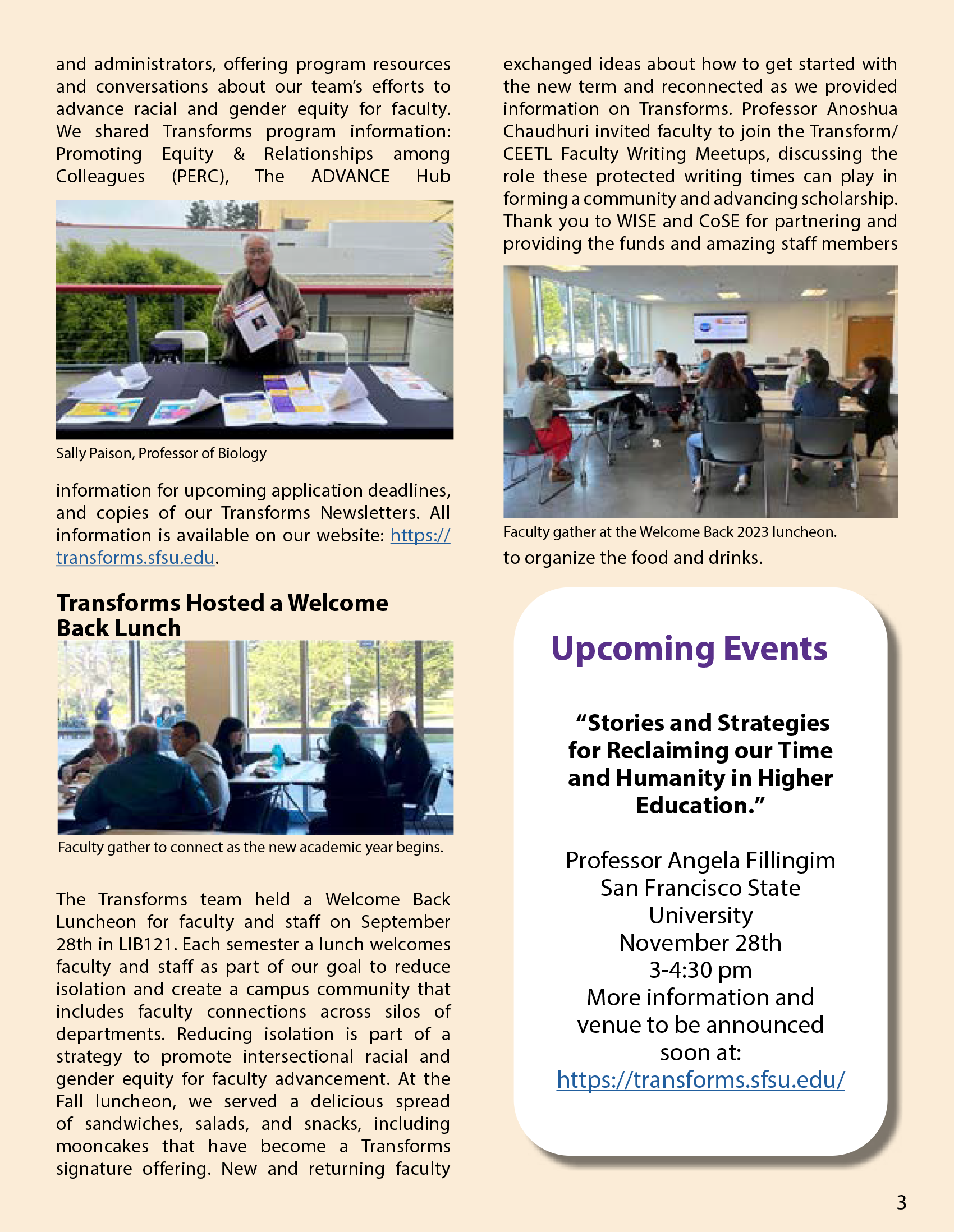 The hird page of fall 2023 newsletter with text and images of Sally Paison at the Transforms table, and two photos of the Welcome Back Luncheon crowd.