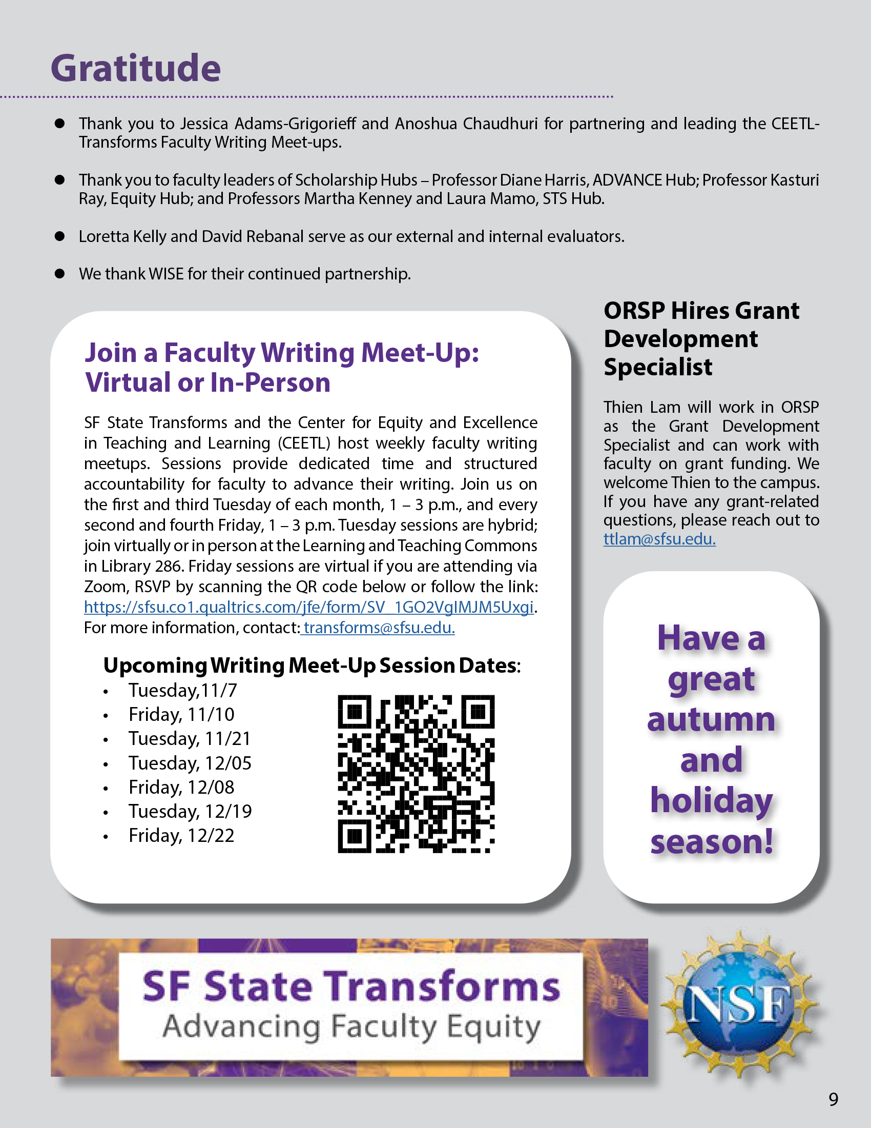The ninth page of the Fall 2023 newsletter. A QR code for the writing meet-up sessions is centrally located. At the bottom of the page are the Transforms and NSF logos.