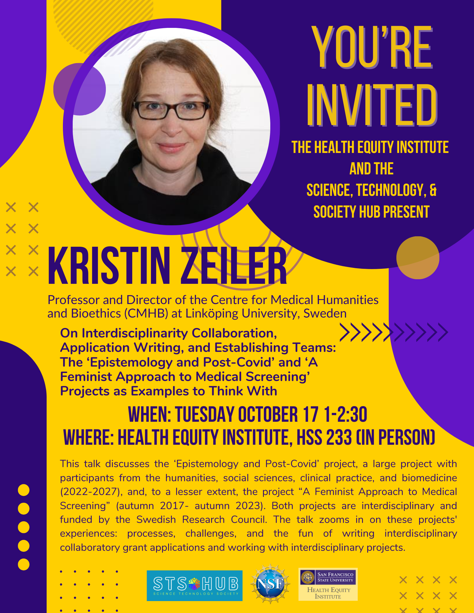 A purple and gold flyer with a headshot of a white woman with auburn hair pulled back, glasses, wearing a black sweater. The text gives information about the speaker event.