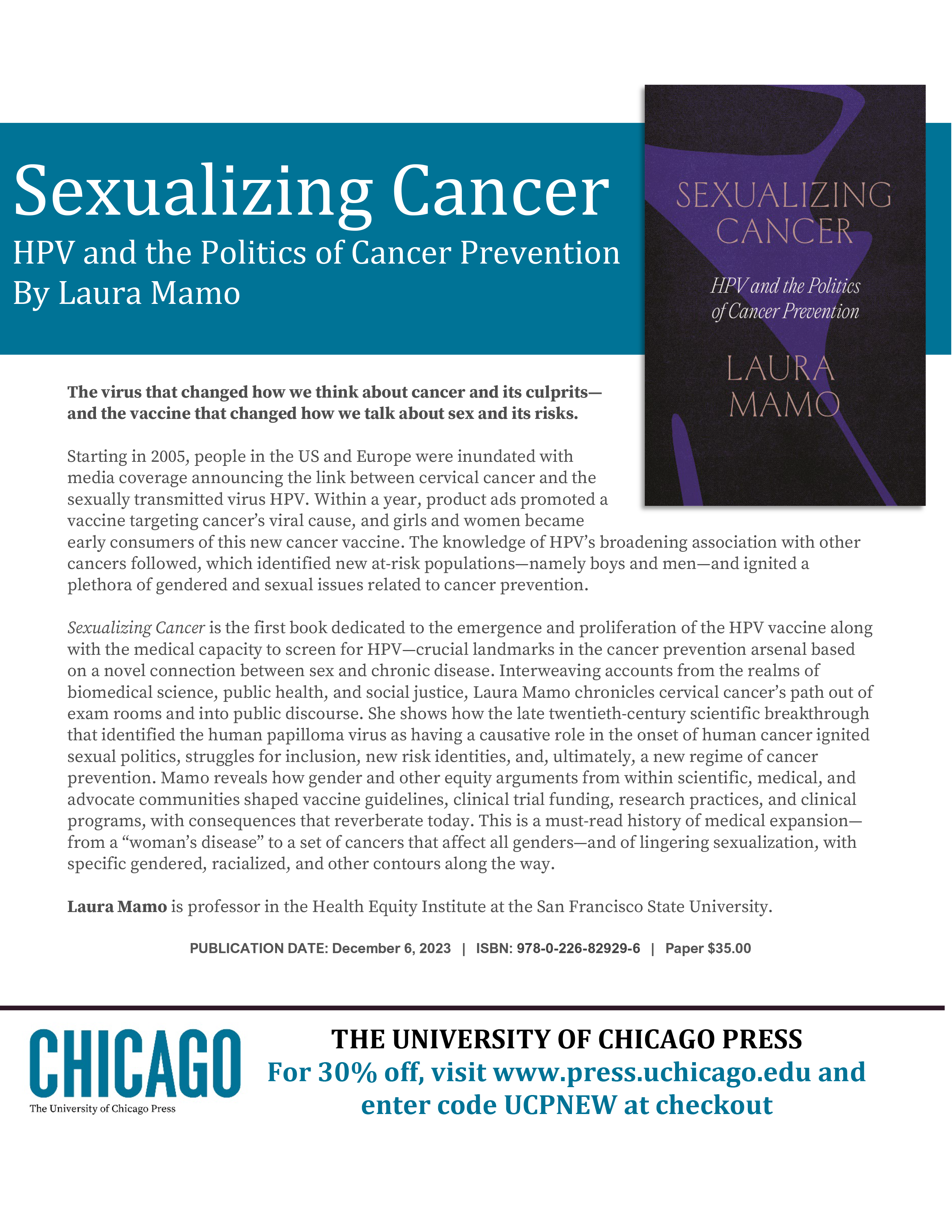 A flyer publicizing Laura Mamo's book, Sexualizing Cancer
