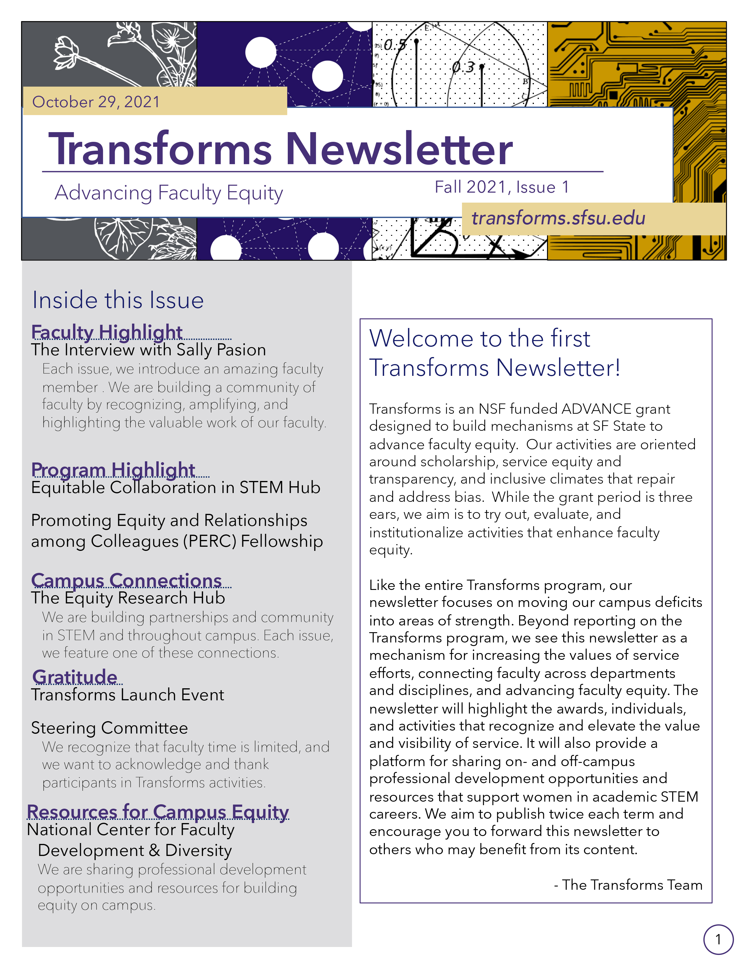 The cover of the inaugural issue of Transforms Newsletter