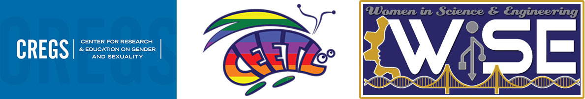 Three logos. First, on the left, is the CREGS logo with white words on a blue background. Centered is a rainbow-colored flying insect, its body is made of letters reading CEETL. The third logo, on the right, is the WISE logo, white letters on a dark purple background with a gold profile of the Golden Gate Bridge at the bottom which trails into a golden DNA strand.