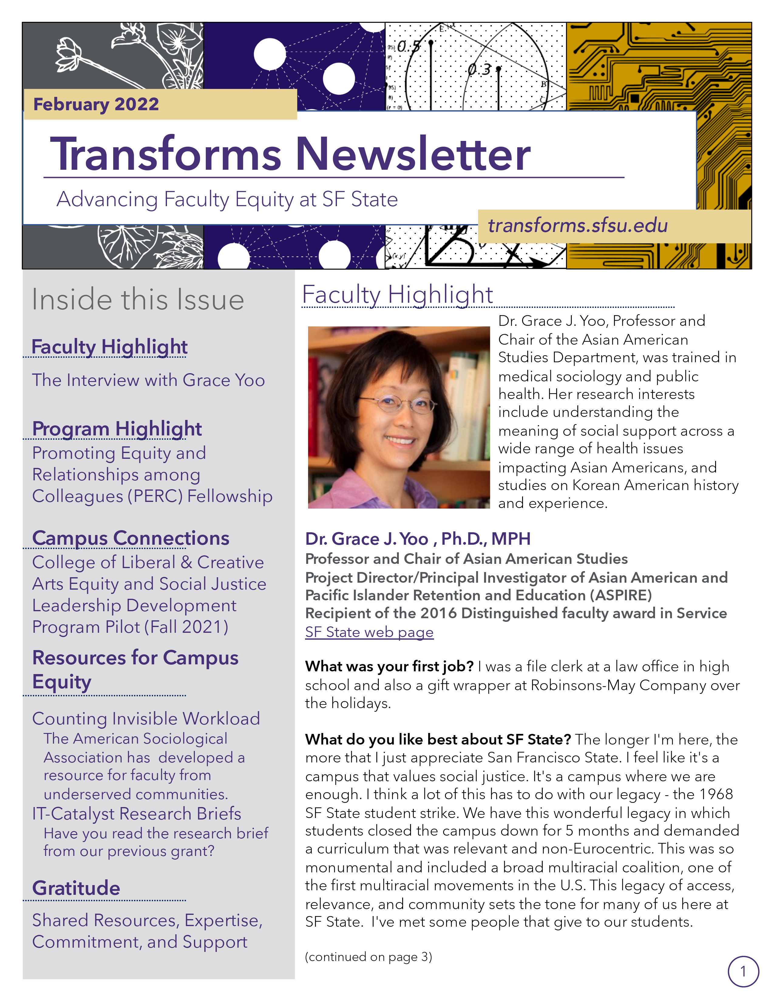 The front cover of issue  of Transforms Newsletter. The feature article is covering Dr.Grace Yoo, Ph.D., MPH.  
