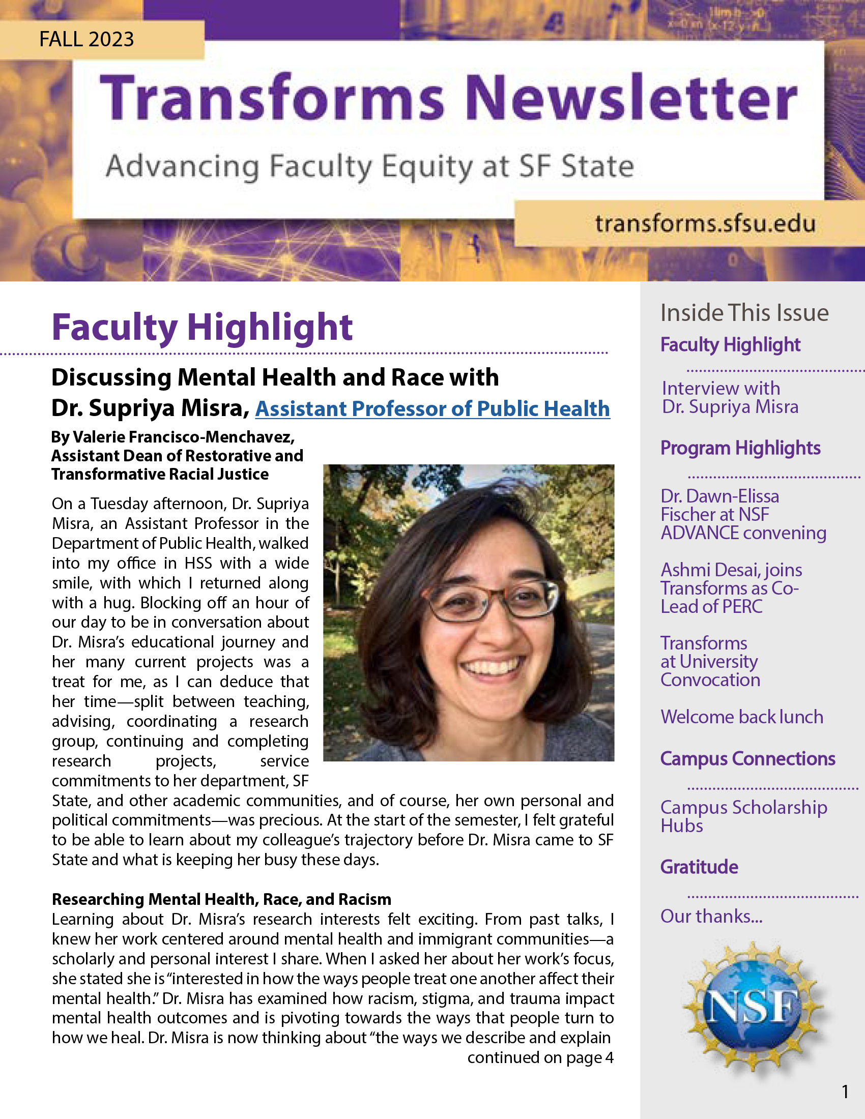 The cover of Issue 6 Fall 2023 Transforms Newsletter with Dr. Supriya Misra on the cover.